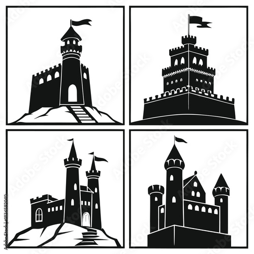 Vector illustration collection of four black and white silhouette icons depicting medieval castles and fortresses on