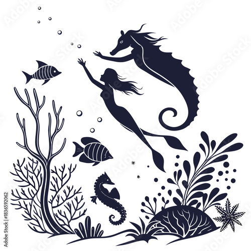 Vector illustration silhouette of a mermaid interacting with a large seahorse surrounded by small fish and underwater plant life