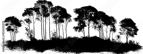 Black and white stencil illustration of dense undergrowth in a forest silhouette design