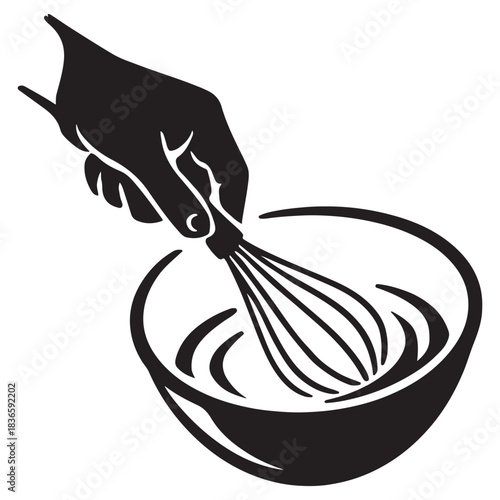 Hand whisking dough batter in bowl for baking cooking action vector icon