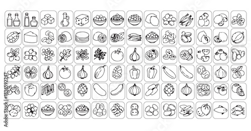 Mediterranean food ingredients and vegetable outline icon set