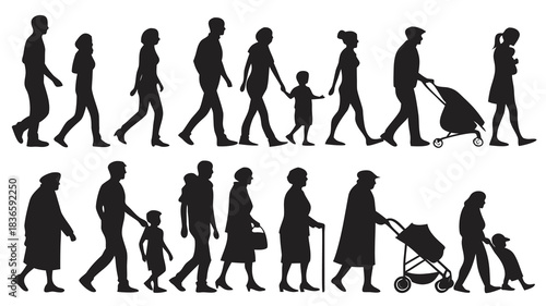 Vector illustration silhouettes of diverse people walking in two rows, representing different ages and family structures
