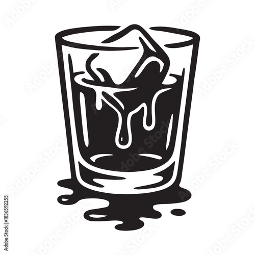 Melting ice cube in glass of liquor spilled alcohol vector illustration.