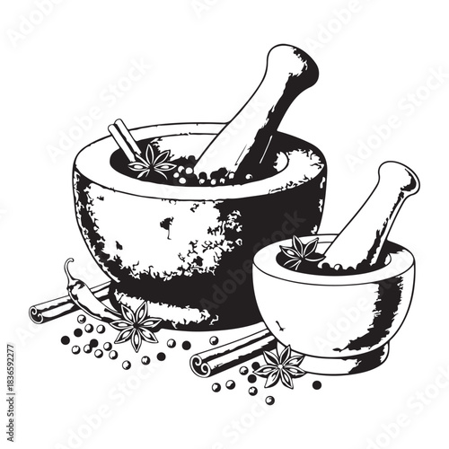 Mortar and pestle with spices black and white vector line art drawing