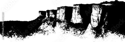 Black and white stencil illustration of dense cliffside moss scene
