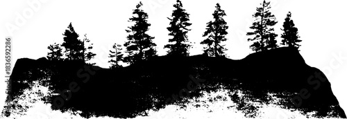 Silhouette of trees on cliffside with stencil effect for nature art design
