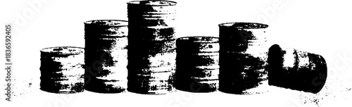 Black and white stencil art of dented metal trash cans in grunge style