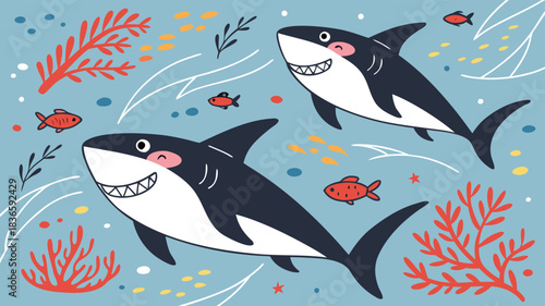 Vector illustration two cute cartoon sharks swimming happily underwater with small fish and colorful seaweed in a light blue ocean scene
