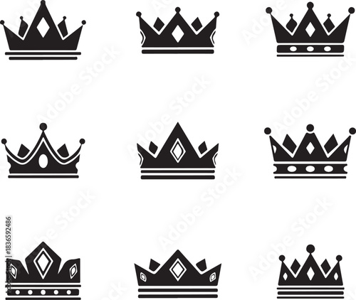 Set of nine black crown icon silhouette