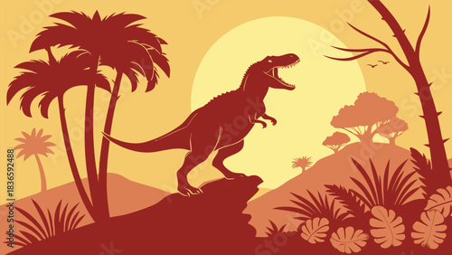 Vector illustration silhouette of a roaring tyrannosaurus rex dinosaur standing on a cliff in a prehistoric jungle landscape at sunset