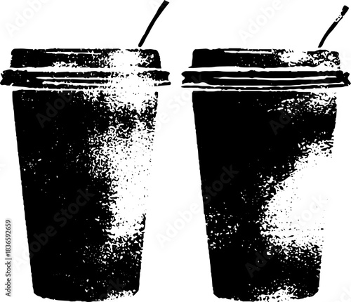 Black and white stencil art of insulated coffee cups for urban design