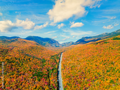 New England aerial view in the road between mountains