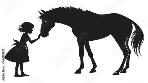 Vector illustration silhouette of a young girl gently touching the nose of a large horse