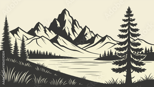 Vector illustration stylized black and white vector illustration of a majestic mountain range reflected in a calm lake with pine trees in the foreground