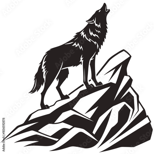 Vector illustration black and white stylized silhouette of a howling wolf standing atop jagged rocks