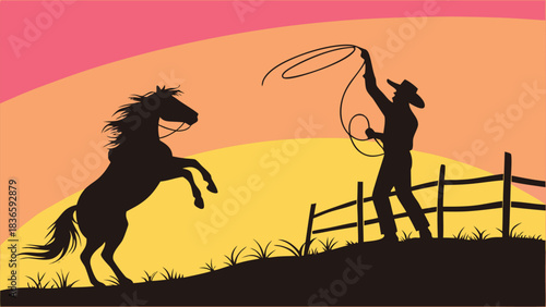 Vector illustration silhouette of a cowboy roping a rearing horse against a stylized sunset background near a wooden fence