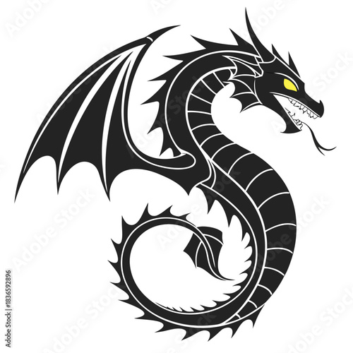 Vector illustration black stylized serpentine dragon with large wings and sharp spikes