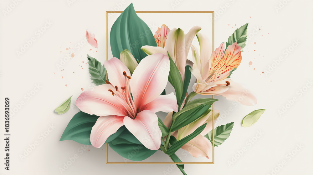 Fototapeta premium watercolor painting of Elegant wedding invitation card background vector. Minimal hand painted watercolor botanical Lilly flowers texture template background. Design for wedding, vip cover, poster, 