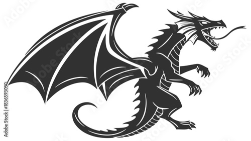 Vector illustration black silhouette of a fierce winged dragon with open jaws and extended tongue