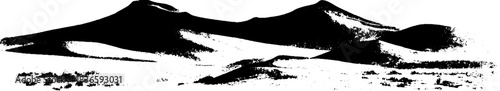 Black and white stencil illustration of gently rising sand dunes