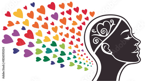 Vector illustration silhouette of a womans head with colorful rainbow hearts flowing out