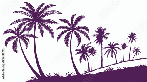 Vector illustration silhouette of various palm trees standing on a grassy hill against a