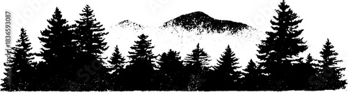 Black and white stencil of faint hills and pine trees silhouette for urban art design