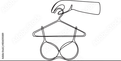 continuous line art of clothes hanger hand and bra, Bathing Suit Bikini Single Line Drawing with Editable Stroke. one line Icon drawing