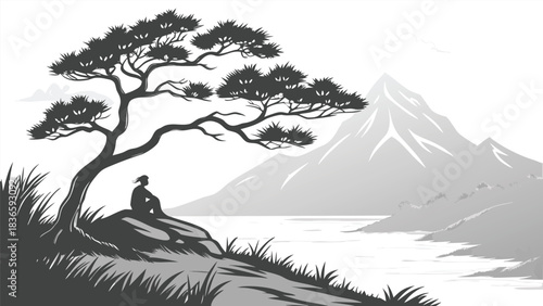 Vector illustration monochrome silhouette of a person meditating under a windswept pine tree overlooking a vast lake and majestic mountain