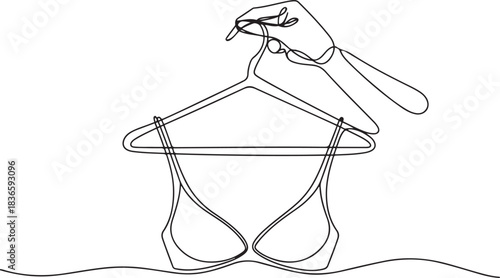 continuous line art of clothes hanger hand and bra, Bathing Suit Bikini Single Line Drawing with Editable Stroke. one line Icon drawing