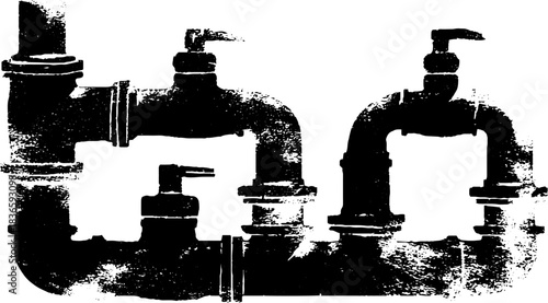 Black and white stencil illustration of exposed urban plumbing design for industrial decor