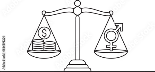 Scales with money and gender symbol in balance. Equal pay for men and women. Equal Pay Day. one line Icon drawing