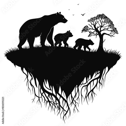 Vector illustration silhouette of a bear family with two cubs walking on a floating island with a tree and exposed roots
