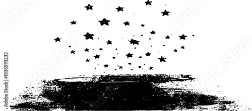 Abstract black and white stencil art of stars falling over rough brush stroke splatter