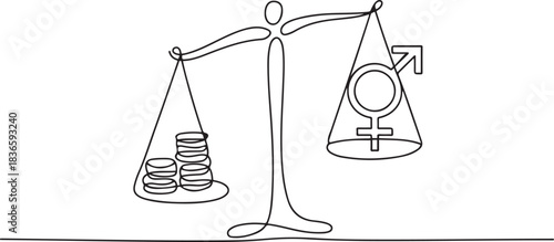 Scales with money and gender symbol in balance. Equal pay for men and women. Equal Pay Day. one line Icon drawing