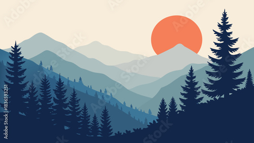 Vector illustration minimalist vector illustration of a layered mountain range at sunset with silhouetted pine trees in the foreground
