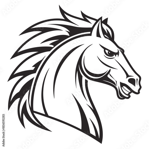 Vector illustration stylized black and white vector illustration of an aggressive horse head mascot