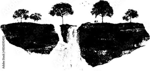 Black and white stencil of floating islands with waterfall and trees for urban art design