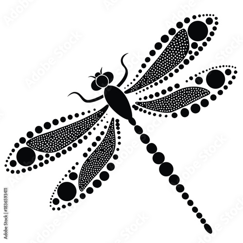 Vector illustration stylized black and white dot art illustration of a dragonfly with intricate patterns on its wings