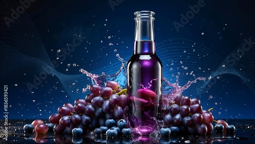 Stunning purple beverage bottle splashing with fresh grapes and blueberries against a dynamic dark blue background