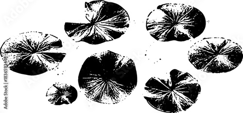 Black and white stencil art of floating water lily leaves for print design