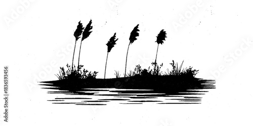 Black and white stencil illustration of flooded marshland silhouette