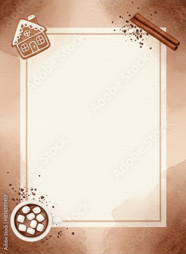 Cozy Christmas Winter Frame with Gingerbread House and Hot Chocolate