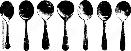 Black and white stencil illustration of folk carved wooden spoons for rustic decor and design
