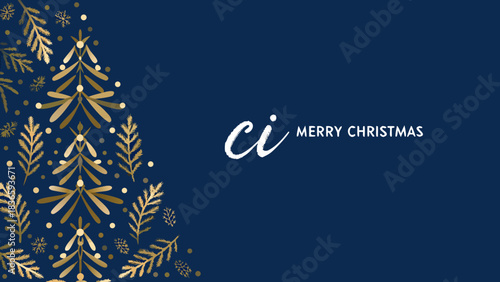 Aesthetic christmas tree design with golden foliage and merry christmas text on blue background