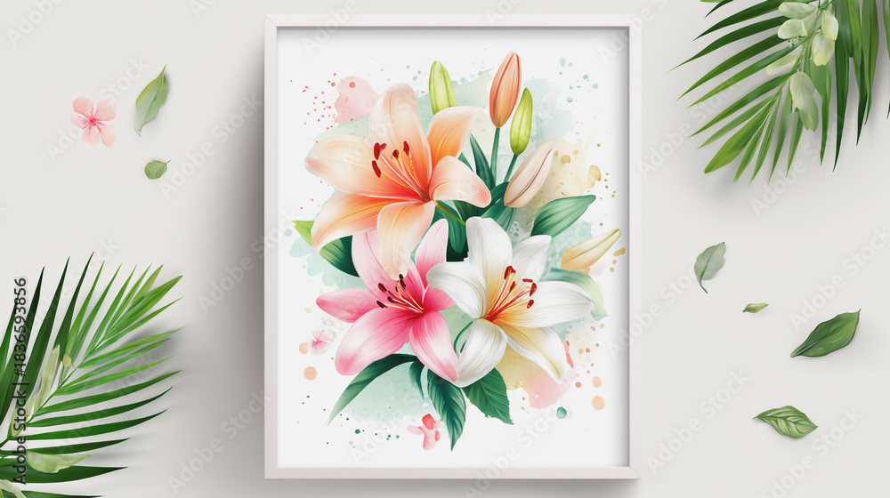 Obraz premium watercolor painting of Elegant wedding invitation card background vector. Minimal hand painted watercolor botanical Lilly flowers texture template background. Design for wedding, vip cover, poster,