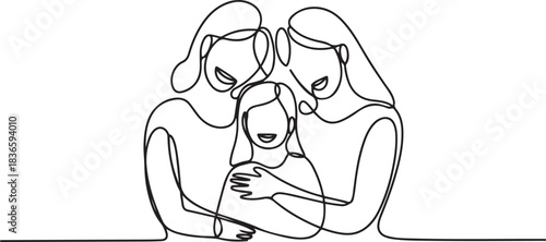 One continuous single drawing line art flat doodle fat, woman, mother, daughter, family, together, female. Isolated image hand draw contour. one line Icon drawing