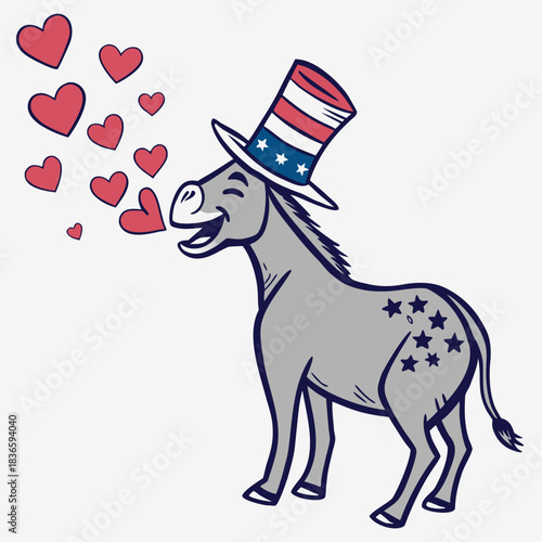 Vector illustration cartoon democratic party donkey wearing an american flag top hat surrounded by floating hearts