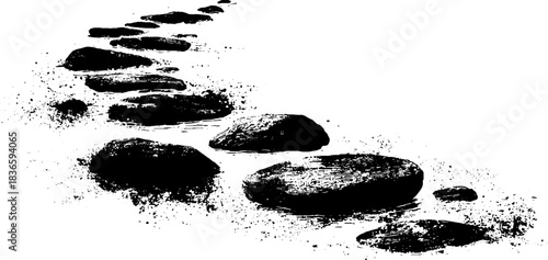 Black and white stencil illustration of glacier-fed stream rocks in grunge style
