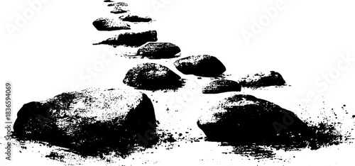 Black and white glacier stream stencil illustration with rocks and texture for design